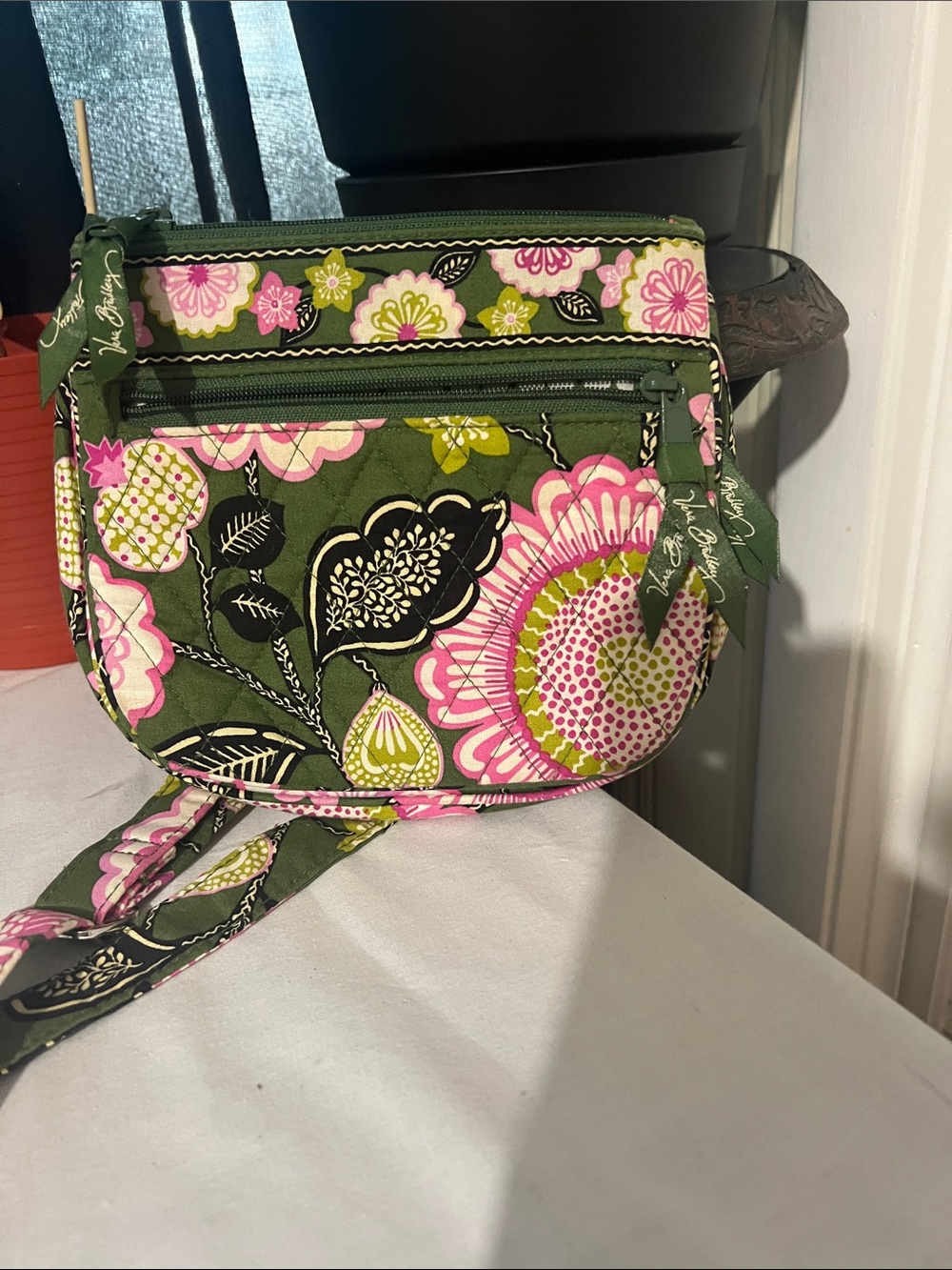 Vera Bradley Olive Green Floral Quilted Crossbody with Pink Accents